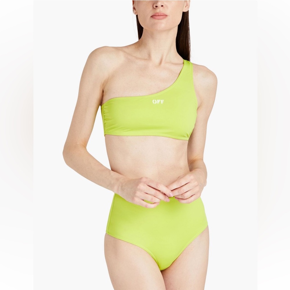 NWT OFF-WHITE Off Stamp One-Shoulder Bikini in Fluorescent Yellow.